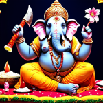 **Image Prompt:** Elephant-headed Ganesha, large belly, four arms holding axe, rope, sweets, blessing gesture, riding a small mouse, vibrant Hindu festival setting, decorated with flowers and lights.