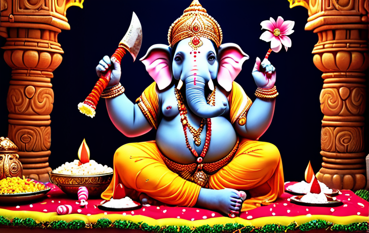 **Image Prompt:** Elephant-headed Ganesha, large belly, four arms holding axe, rope, sweets, blessing gesture, riding a small mouse, vibrant Hindu festival setting, decorated with flowers and lights.