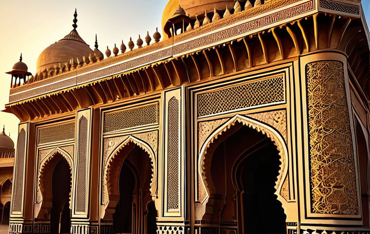 Cultural Fusion Architecture**

"A grand architectural marvel showcasing the blend of Hindu and Islamic styles in India, featuring intricate carvings alongside Islamic arches and domes, bathed in the golden light of the setting sun, vibrant colors, detailed textures, safe for work, appropriate content, fully clothed, professional, perfect anatomy, natural proportions."

**