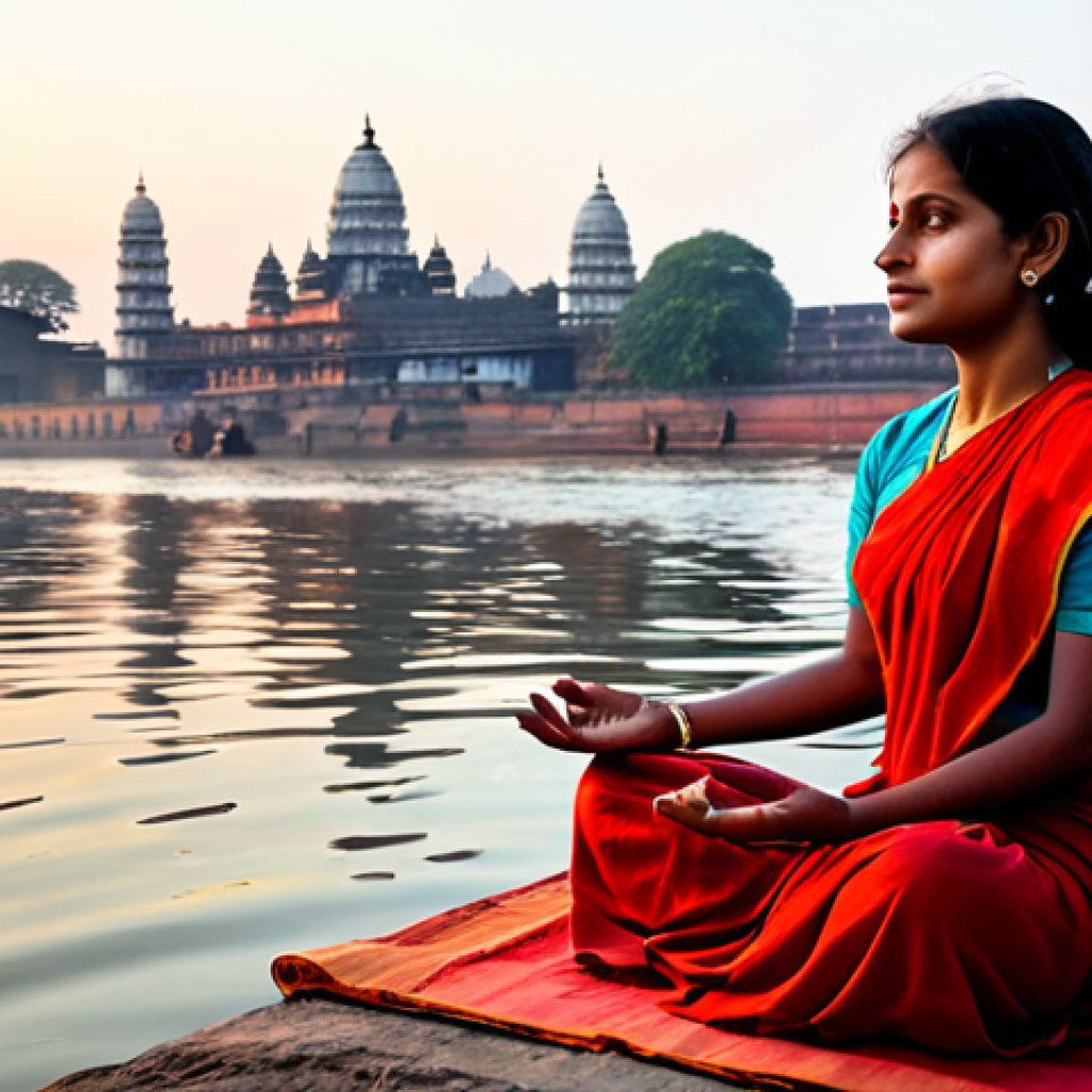 **

"A fully clothed, professional Indian woman in a modest sari, meditating peacefully by the Ganges river. The scene shows a serene sunrise over the water, with distant temples visible. Perfect anatomy, correct proportions, natural pose, well-formed hands, proper finger count, natural body proportions. Safe for work, appropriate content, professional, family-friendly, high quality, detailed, realistic."

**