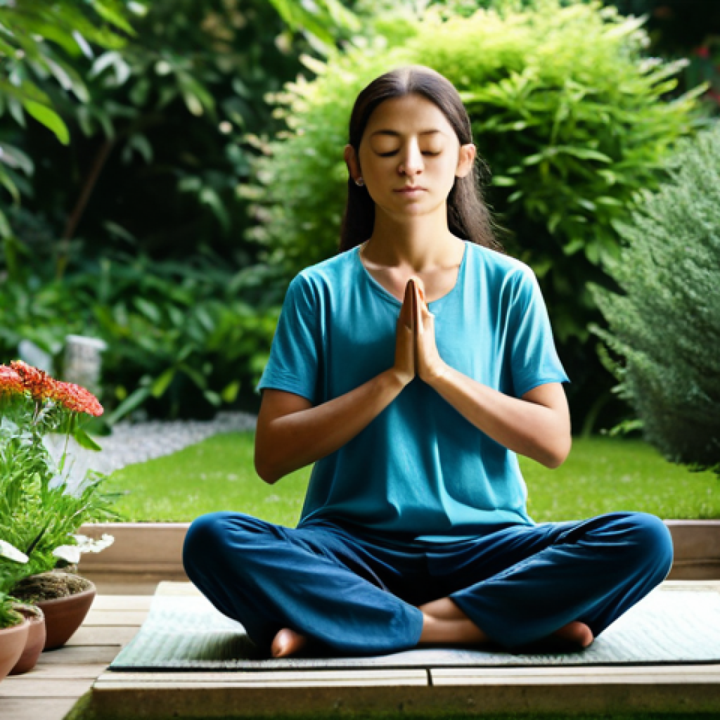 **

A serene individual meditating in a peaceful garden. The person is fully clothed in loose, comfortable, modest clothing. The garden is lush with greenery, flowers, and a small water feature. Soft, natural light filters through the trees. Perfect anatomy, correct proportions, natural pose, well-formed hands, proper finger count, natural body proportions, safe for work, appropriate content, fully clothed, professional, family-friendly, promoting calmness and mindfulness.

**