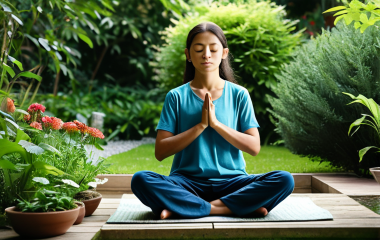 **

A serene individual meditating in a peaceful garden. The person is fully clothed in loose, comfortable, modest clothing. The garden is lush with greenery, flowers, and a small water feature. Soft, natural light filters through the trees. Perfect anatomy, correct proportions, natural pose, well-formed hands, proper finger count, natural body proportions, safe for work, appropriate content, fully clothed, professional, family-friendly, promoting calmness and mindfulness.

**
