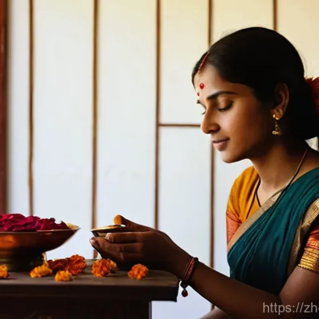 힌두교 금식 전통 - **Prompt:** A serene Indian woman in her late 20s, dressed in a modest, elegantly draped sari, is si...