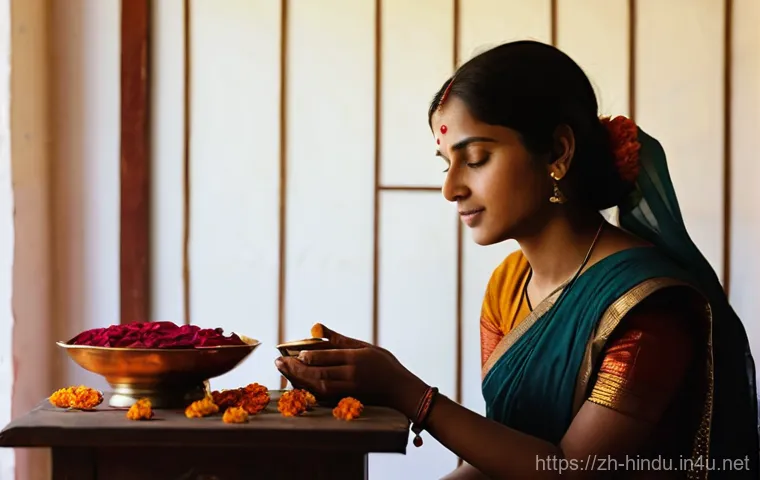 힌두교 금식 전통 - **Prompt:** A serene Indian woman in her late 20s, dressed in a modest, elegantly draped sari, is si...