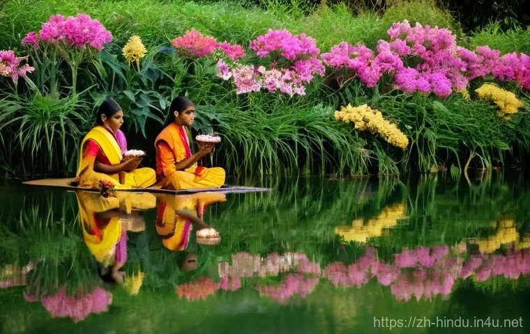 힌두교와 세계 종교 비교 - **Prompt:** A serene and majestic ancient river flows through a lush, verdant landscape at dawn. Alo...