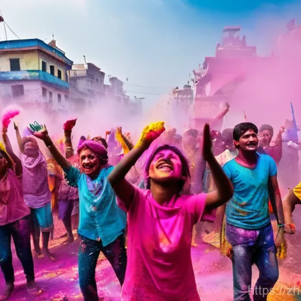 힌두교 축제 홀리 - **Vibrant Color Splash Extravaganza**
    "A joyous, energetic wide shot capturing a lively Holi fes...