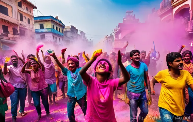 힌두교 축제 홀리 - **Vibrant Color Splash Extravaganza**
    "A joyous, energetic wide shot capturing a lively Holi fes...