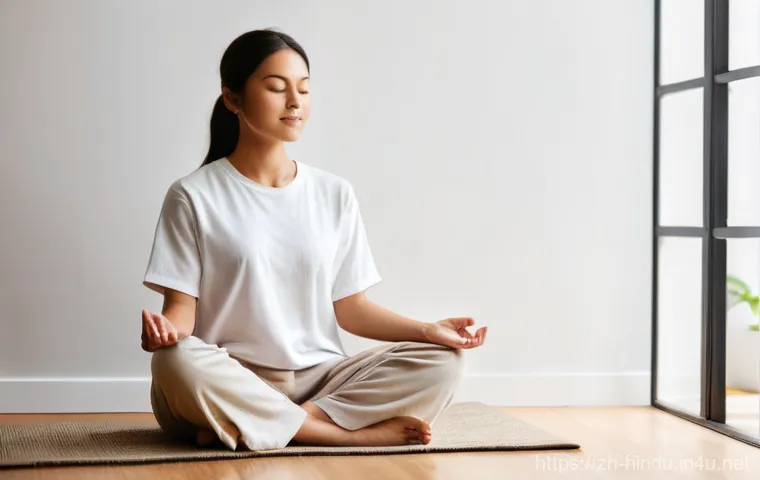 힌두교 명상 전통 - **Prompt:** A serene and minimalist indoor setting. A young adult, gender-neutral, is comfortably se...