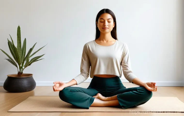 힌두교 요가 수행 - **Prompt: Serene Hatha Yoga Beginner's Journey**
    A young woman with a peaceful expression, fully...