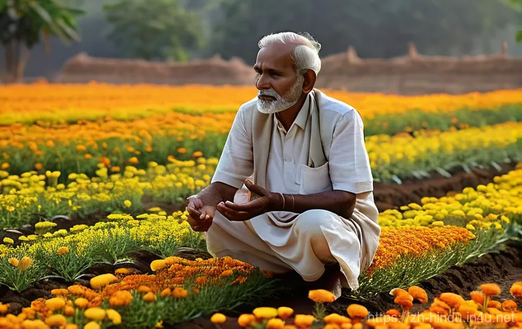 힌두교와 농업 - **Prompt 1: Reverence for Mother Earth and Sowing Ritual**
    "An elderly Indian farmer, with a gen...