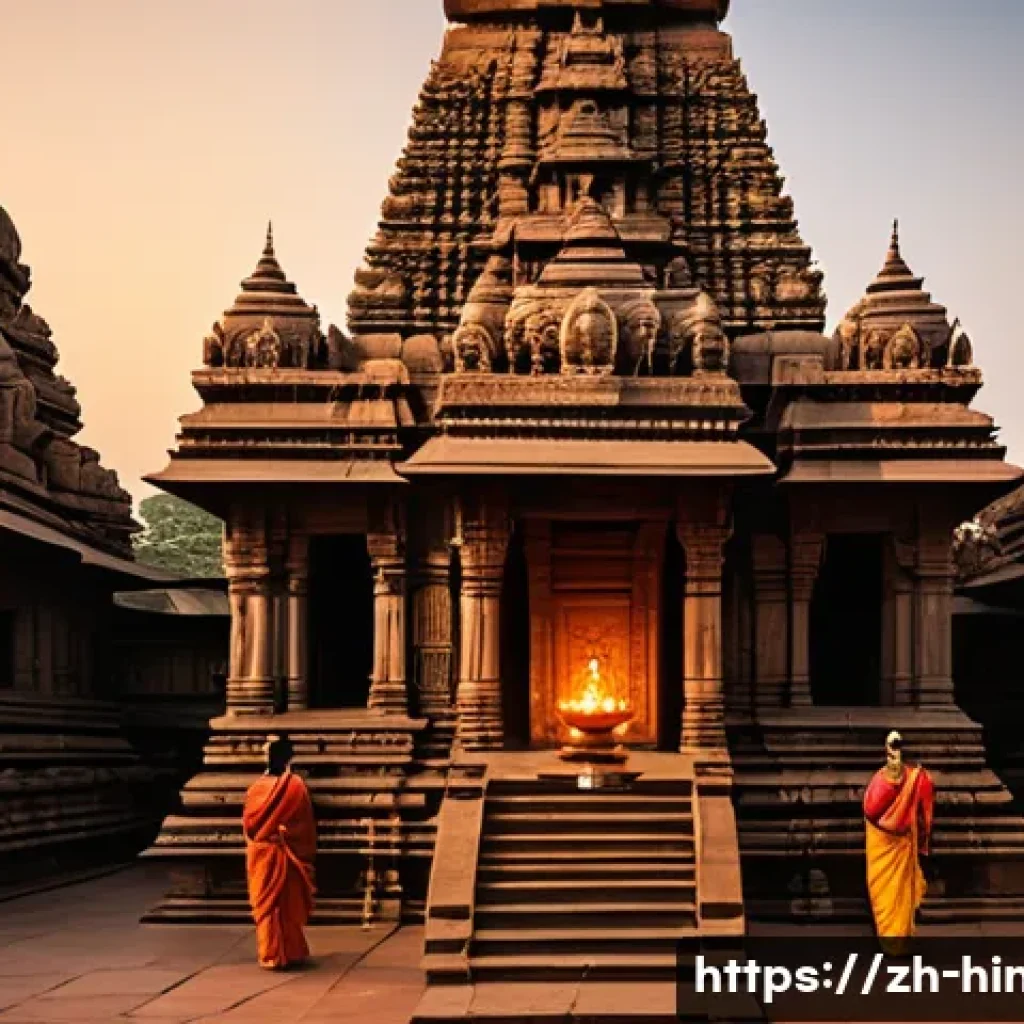 힌두교와 텔루구 문화 - A breathtaking wide shot of an ancient South Indian Hindu temple facade, bathed in the soft, golden ...