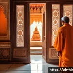 힌두교 신전 건축양식 - A majestic Hindu temple interior focused on the Garbhagriha, the sacred central sanctum, dimly lit t...