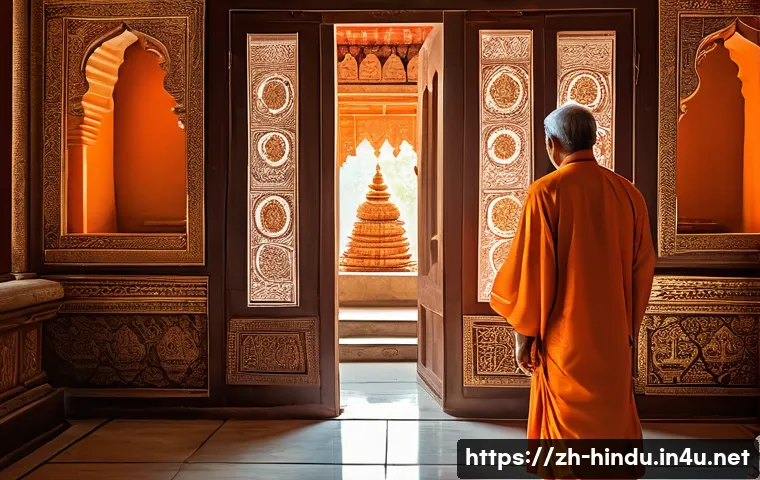 힌두교 신전 건축양식 - A majestic Hindu temple interior focused on the Garbhagriha, the sacred central sanctum, dimly lit t...
