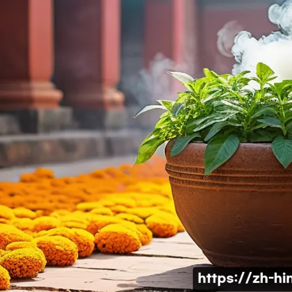 힌두교와 식물 신성화 - A serene Indian temple courtyard featuring a lush sacred Tulsi plant (holy basil) growing vibrantly ...