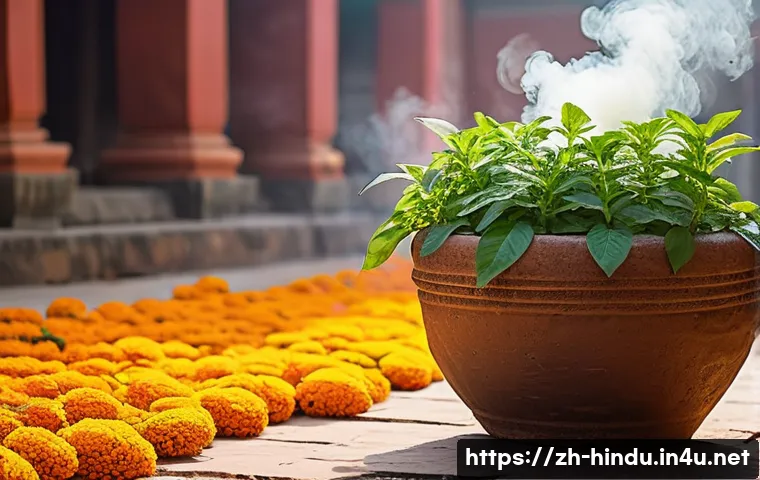 힌두교와 식물 신성화 - A serene Indian temple courtyard featuring a lush sacred Tulsi plant (holy basil) growing vibrantly ...