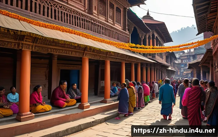 힌두교와 네팔 종교 - A vibrant street scene during the Tihar festival in Nepal, showing diverse ethnic groups celebrating...