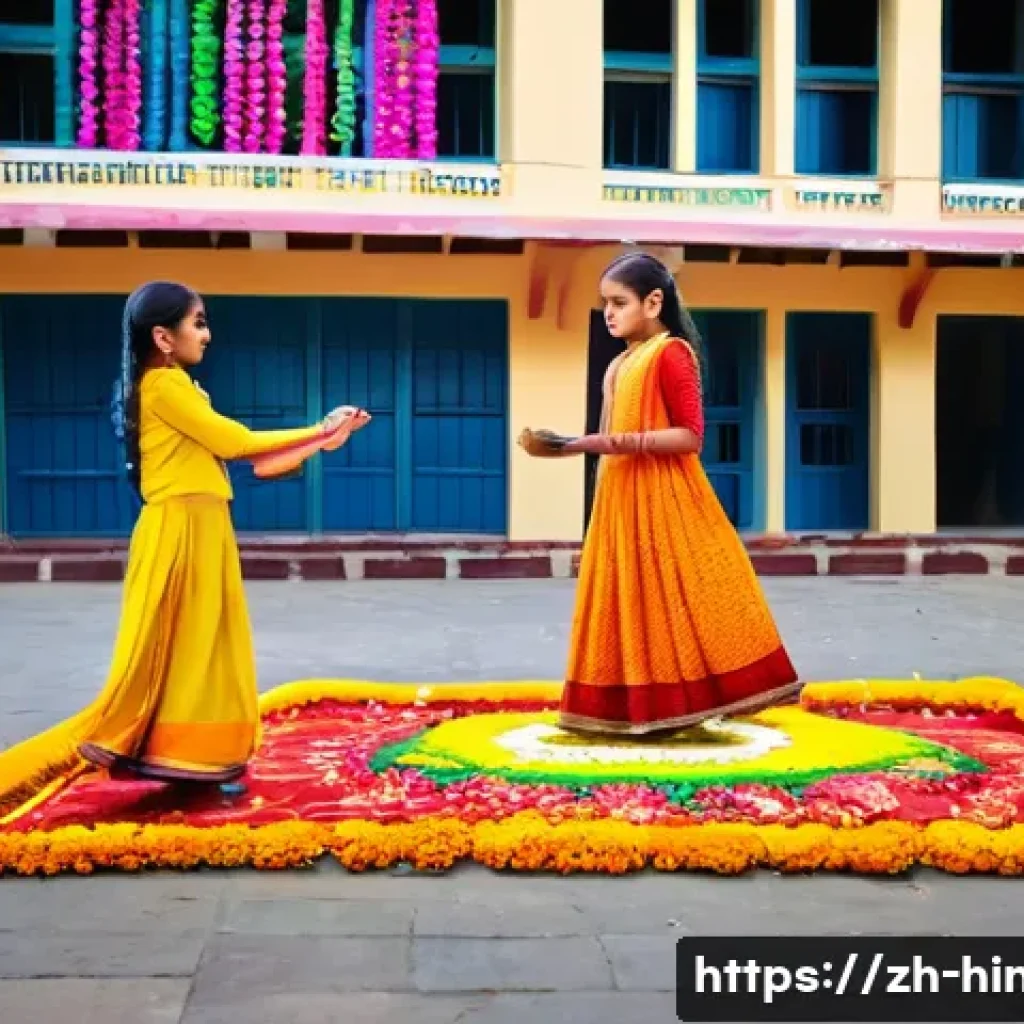 힌두교와 학교 제도 - A vibrant Indian school courtyard during the Diwali festival, filled with students of diverse religi...