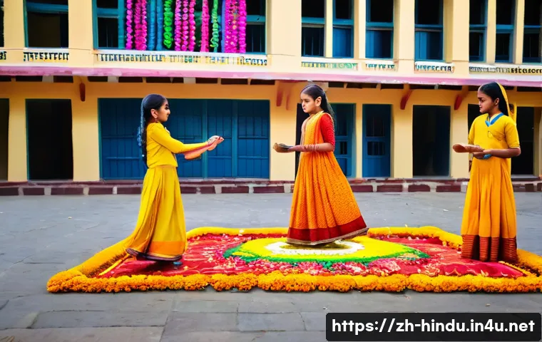 힌두교와 학교 제도 - A vibrant Indian school courtyard during the Diwali festival, filled with students of diverse religi...