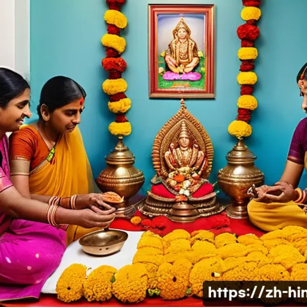 힌두교와 간디 철학 - A vibrant Indian family performing a traditional morning puja ritual in their home altar, with color...