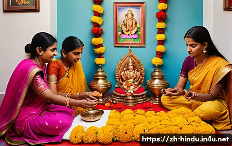 힌두교와 간디 철학 - A vibrant Indian family performing a traditional morning puja ritual in their home altar, with color...