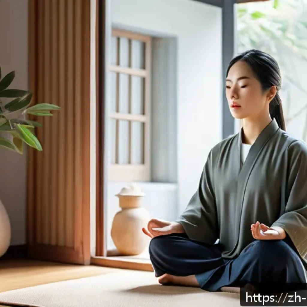 힌두교 철학 미맘사 - A serene modern Chinese home interior scene featuring a young adult practicing a morning meditation ...