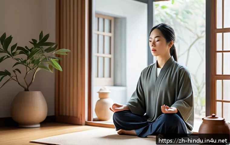 힌두교 철학 미맘사 - A serene modern Chinese home interior scene featuring a young adult practicing a morning meditation ...