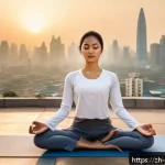 힌두교 신성한 책 - A serene modern urban scene featuring a young Asian woman practicing yoga on a rooftop at sunrise, d...