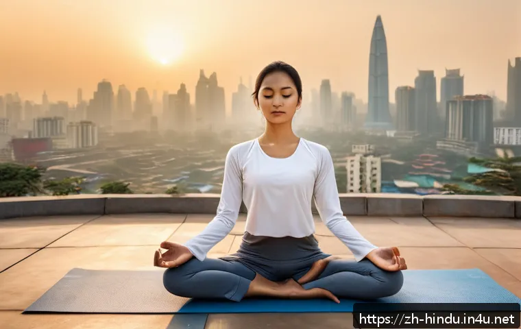 힌두교 신성한 책 - A serene modern urban scene featuring a young Asian woman practicing yoga on a rooftop at sunrise, d...