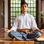 힌두교와 청소년 신앙 - A thoughtful young Indian Hindu male student wearing traditional modest clothing, sitting cross-legg...