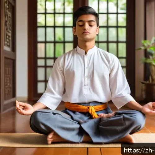 힌두교와 청소년 신앙 - A thoughtful young Indian Hindu male student wearing traditional modest clothing, sitting cross-legg...
