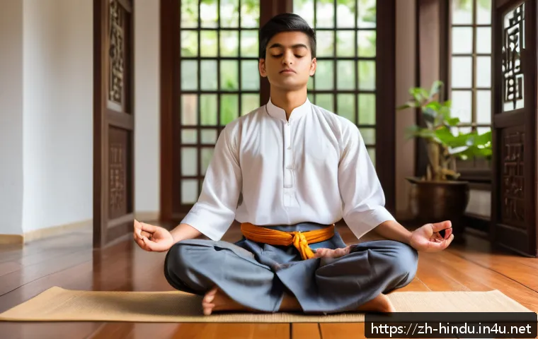 힌두교와 청소년 신앙 - A thoughtful young Indian Hindu male student wearing traditional modest clothing, sitting cross-legg...