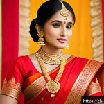 힌두교 전통 의복 - A traditional Indian bride dressed in a vibrant red silk saree with intricate gold embroidery and sh...