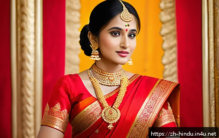 힌두교 전통 의복 - A traditional Indian bride dressed in a vibrant red silk saree with intricate gold embroidery and sh...