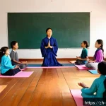 힌두교와 교육 - A serene classroom scene blending ancient Hindu educational elements with modern technology: a diver...