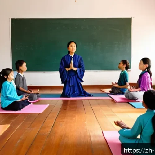 힌두교와 교육 - A serene classroom scene blending ancient Hindu educational elements with modern technology: a diver...