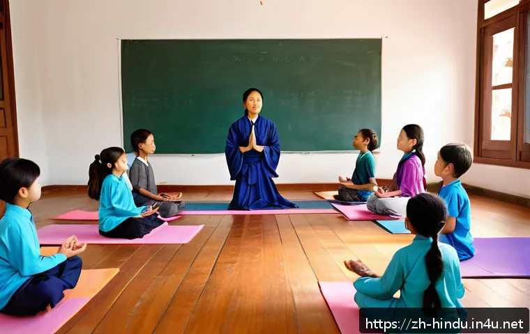 힌두교와 교육 - A serene classroom scene blending ancient Hindu educational elements with modern technology: a diver...