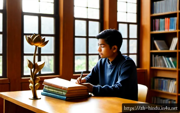 힌두교와 고등교육 - Photorealistic Indian university student studying Hindu philosophy in a quiet modern library, seated...